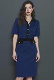 Navy Pencil Collar Neck Half Sleeves Midi Work Dress with Buttons