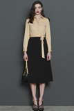 Champagne Black Collar Neck A Line Midi Work Dress with Sash