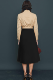 Champagne Black Collar Neck A Line Midi Work Dress with Sash