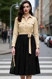 Champagne Black Collar Neck A Line Midi Work Dress with Sash