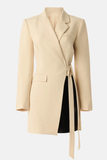 Champagne Black Notched Lapel A Line Midi Fitted Blazer Dress with Sash