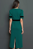 Dark Green V-Neck Midi Pencil Work Dress with Sleeves