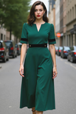 Dark Green V-Neck Midi Pencil Work Dress with Sleeves