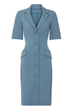 Dusty Blue Pencil Notched Lapel Short Blazer Dress with Buttons