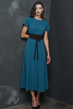 Peacock Blue Midi Round Neck A Line Work Dress with Sash