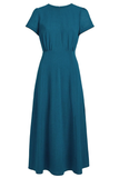 Peacock Blue Midi Round Neck A Line Work Dress with Sash