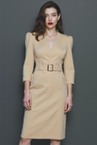 Champagne V-Neck Pencil Midi Work Dress with Belt