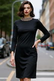 Black Leopard Round Neck Slim Fit Pencil Short Work Dress