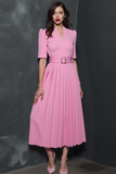 Pink Pleated A Line V-Neck Long Work Dress with Belt