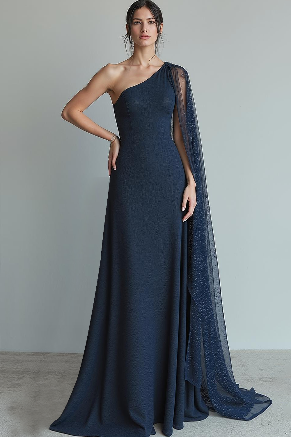 Leely Women Navy Chiffon Long Formal Dress with Cape One Shoulder A Line Evening Dress leelyuk Leely Women Navy Chiffon Long Formal Dress with Cape One Shoulder A Line Evening Dress leelyuk