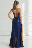 Sparkly Sequins Navy Sheath Tulle Spaghetti Straps Maxi Evening Dress with Ruffles