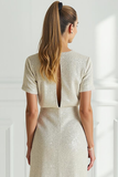 Glitter Bodycon Round Neck Little White Dress with Tulle