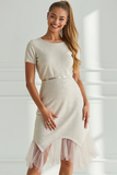 Glitter Bodycon Round Neck Little White Dress with Tulle
