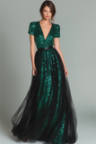 Sparkly Dark Green V-Neck Sequins A Line Long Evening Dress with Tulle