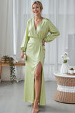 Light Green Sheath Satin V-Neck Long Wedding Guest Dress with Sleeves