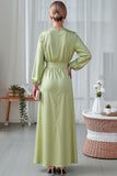 Light Green Sheath Satin V-Neck Long Wedding Guest Dress with Sleeves