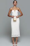 White Lace Strapless Sheath Midi Wedding Reception Dress