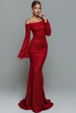 Red Mermaid Cold Shoulder Sweep Train Formal Dress with Sleeves