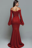 Red Mermaid Cold Shoulder Sweep Train Formal Dress with Sleeves