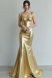 Golden Metallic Thick Straps Mermaid Sweep Train Formal Dress