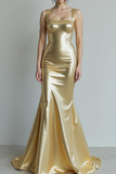 Golden Metallic Thick Straps Mermaid Sweep Train Formal Dress