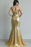 Golden Metallic Thick Straps Mermaid Sweep Train Formal Dress