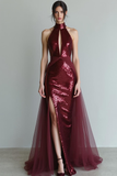 Sparkly Sequins Cabernet High Neck Sheath Keyhole Long Evening Dress with Slit