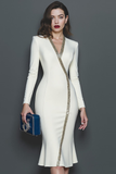 White Midi V-Neck Pencil Work Dress with Sleeves