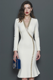 White Midi V-Neck Pencil Work Dress with Sleeves