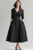 Simple Black Fitted A Line Midi Work Dress with Pockets