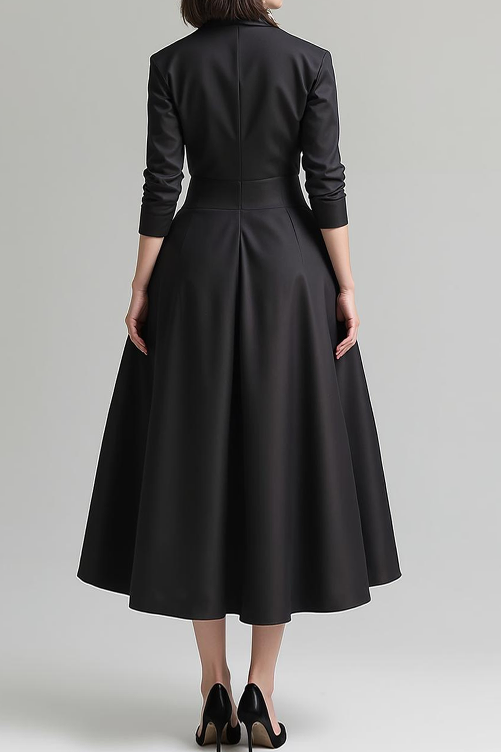 Leely Women Simple Black Midi Work Dress with Pockets Fitted A Line Business Dress with Sleeves leelyuk Leely Women Simple Black Midi Work Dress with Pockets Fitted A Line Business Dress with Sleeves leelyuk
