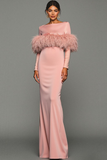 Pink Bateau Neck Mermaid Maxi Formal Dress with Feather