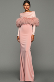 Pink Bateau Neck Mermaid Maxi Formal Dress with Feather
