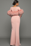 Pink Bateau Neck Mermaid Maxi Formal Dress with Feather