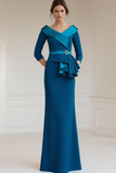 Blue V-Neck Mermaid Maxi Mother of the Bride Dress with Ruffles
