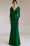 Red Mermaid V-Neck 2 Piece Maxi Wedding Guest Dress with Sleeves
