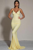 Sparkly Sequin Yellow Mermaid Sweep Train Spaghetti Straps Evening Dress