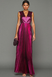 Fuchsia Pleated A Line Metallic V-Neck Maxi Evening Dress