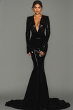 Sparkly Black Sequins Sweep Train Deep V-Neck Mermaid Evening Dress