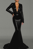 Sparkly Black Sequins Sweep Train Deep V-Neck Mermaid Evening Dress