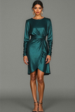 Peacock Green Metallic Bodycon Round Neck Midi Wedding Guest Dress with Sleeves