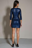 Sparkly Navy Tight Round Neck Sequin Short Cocktail Dress with Sleeves
