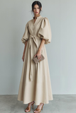 Ivory Puff Sleeves A Line Maxi Formal Dress with Sash