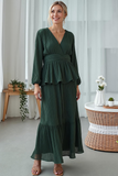 Dark Green V Neck Maxi A Line Work Dress with Ruffles