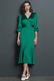 Peacock Green V Neck Satin Mermaid Work Dress with Belt
