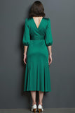 Peacock Green V Neck Satin Mermaid Work Dress with Belt