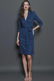 Navy Pencil V Neck Short Work Dress with Sash