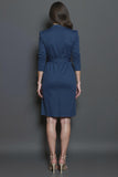 Navy Pencil V Neck Short Work Dress with Sash