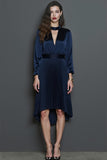 Navy Midi A Line Pleated Work Dress with Sleeves