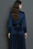 Navy Midi A Line Pleated Work Dress with Sleeves